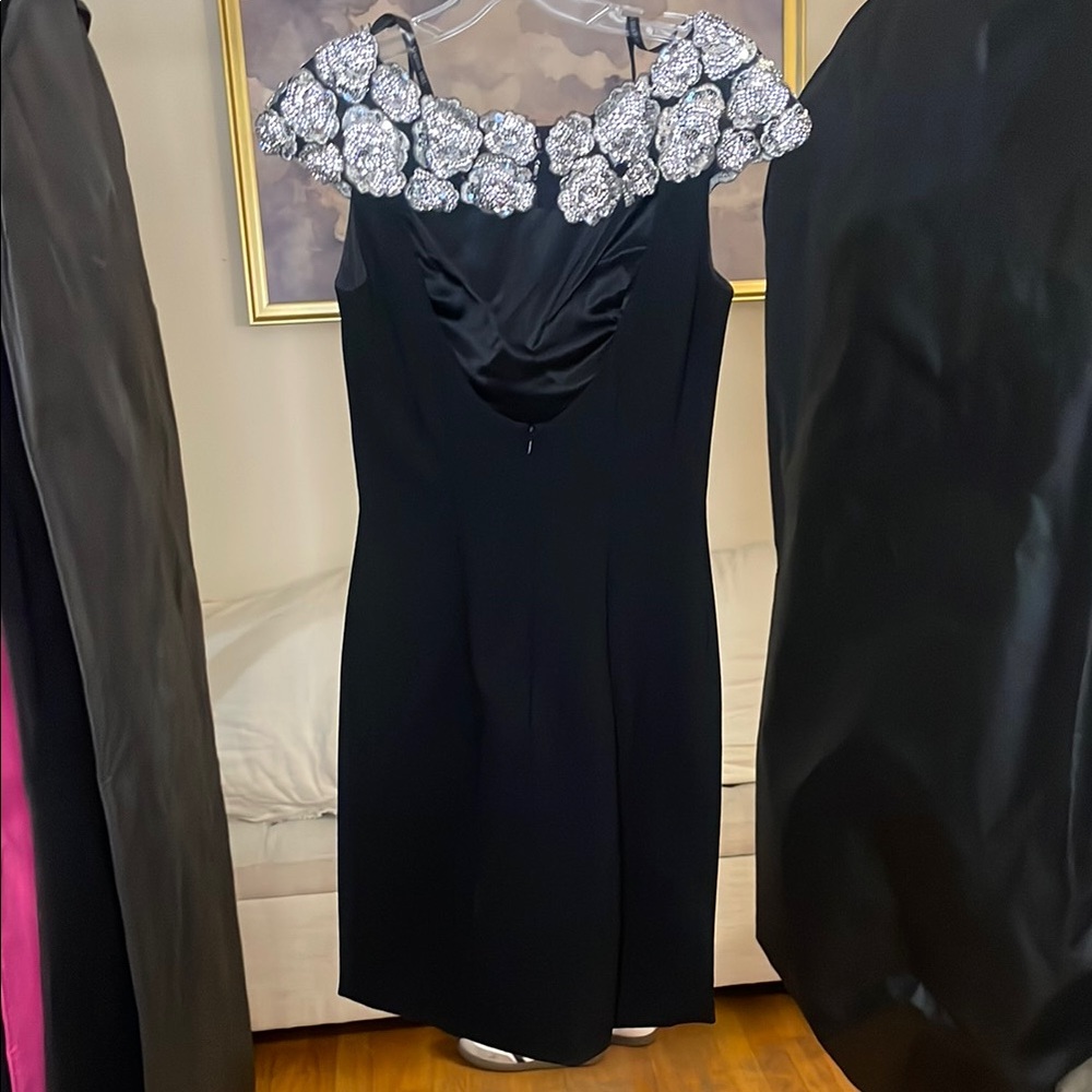 Sherri Hill Black Sheath Dress with Cowl Neck and Cap Sleeves